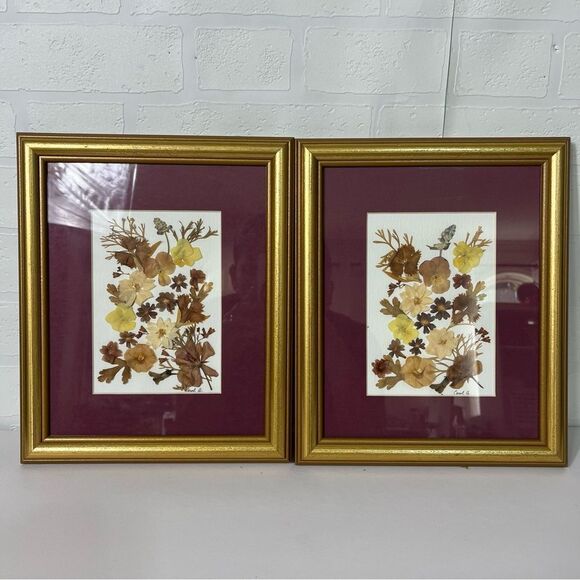 Vintage Gold Framed pressed  Floral Art Prints - Picture 1 of 7